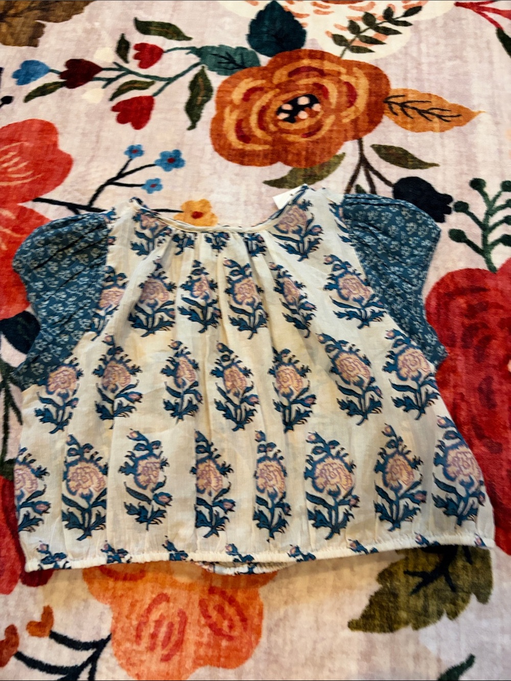 Anthropologie Blue and Cream Floral Puff-Sleeve Blouse